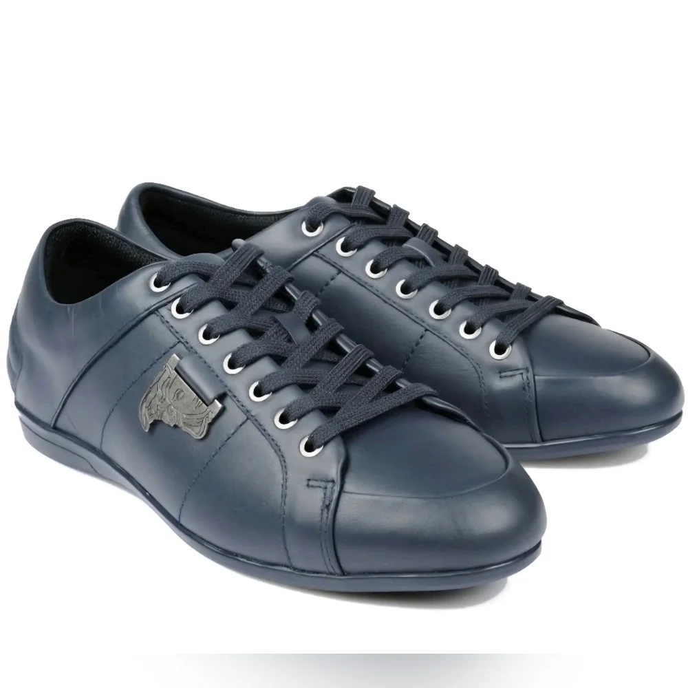 Versace | Shoes | Versace Collection Blue Leather Low Top Logo Sneakers Eu  43 Us Mens Size Nib | Poshmark